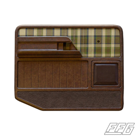 1973-79 Fat Fender Garage Custom Door Panel with Brown Vinyl and Green/Yellow Plaid FabricVinyl.
