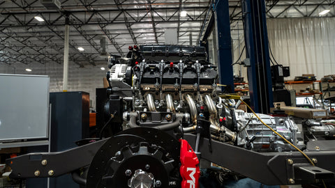Ford Racing Parts Dealer picture of a high performance engine in a commercial garage setting