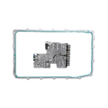 An automotive transmission valve body assembly with a silver metallic body, black hoses, and wiring, positioned centrally on a white background with a faint teal gasket outline.