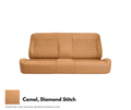 Camel leather sofa with diamond stitch pattern on a white background