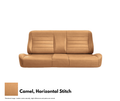 Tan leather car seat with horizontal stitching on a white background