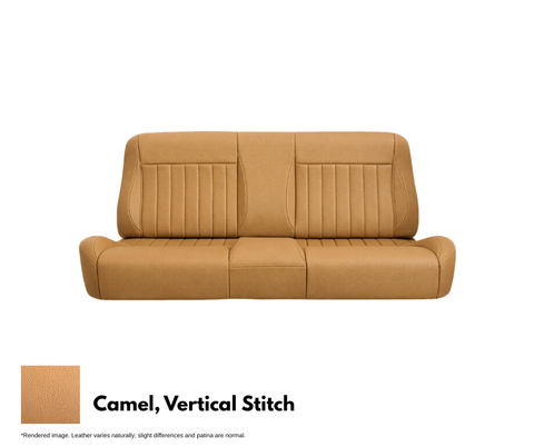 Tan leather car seat with vertical stitching on a white background