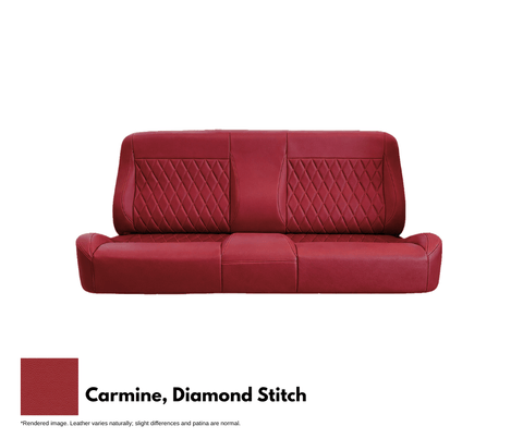 Red leather car seat with diamond stitch pattern on a white background