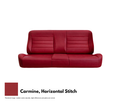 Red leather sofa with 'Carmine, Horizontal Stitch' label on a white background