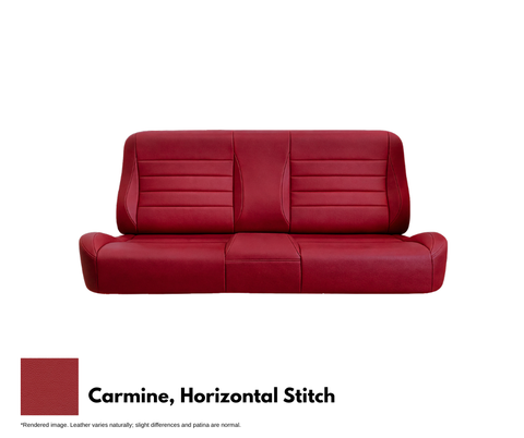 Red leather sofa with 'Carmine, Horizontal Stitch' label on a white background