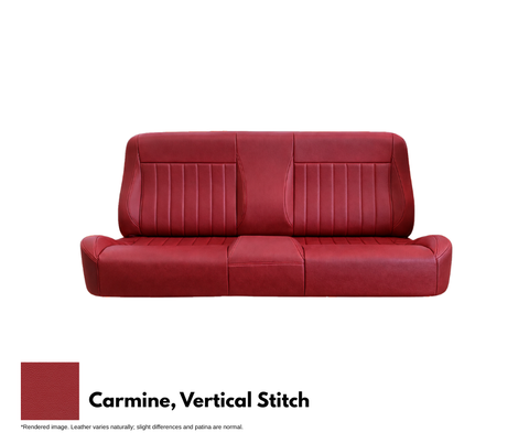 Red leather sofa with vertical stitching on a white background