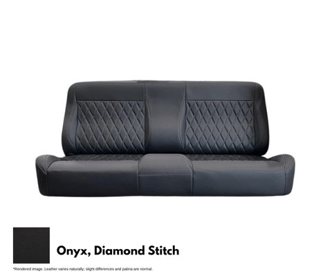 Black leather car seat with diamond stitch pattern on a white background