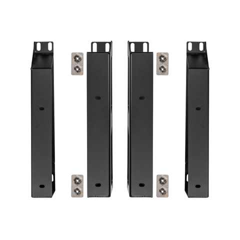 Four black metal vertical mounting brackets with silver screws, arranged in two pairs on a plain white background.