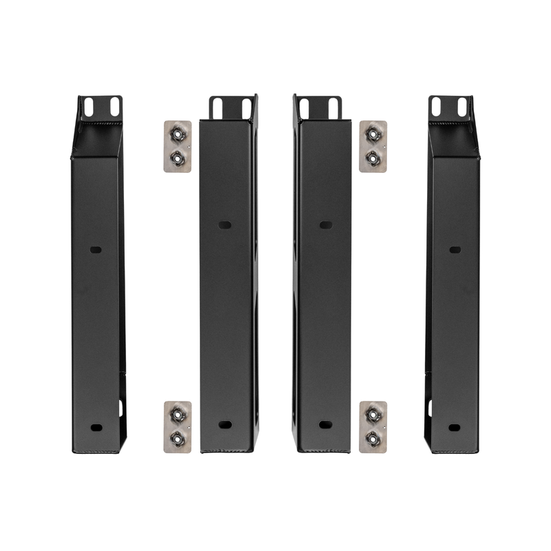Four black metal vertical mounting brackets with silver screws, arranged in two pairs on a plain white background.