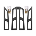 Four black metal mounting brackets arranged vertically on a white background, with two small clear plastic bags of brass hardware placed above the center brackets.