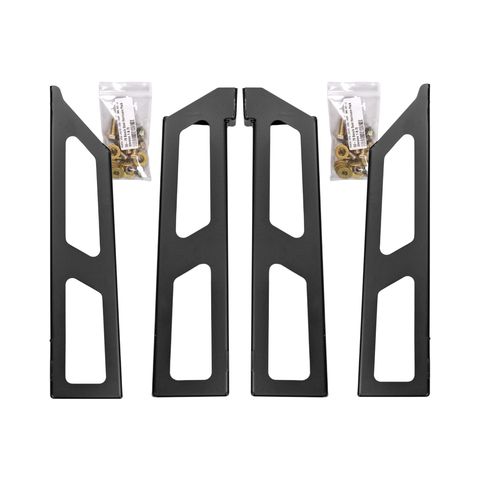 Four black metal mounting brackets arranged vertically on a white background, with two small clear plastic bags of brass hardware placed above the center brackets.