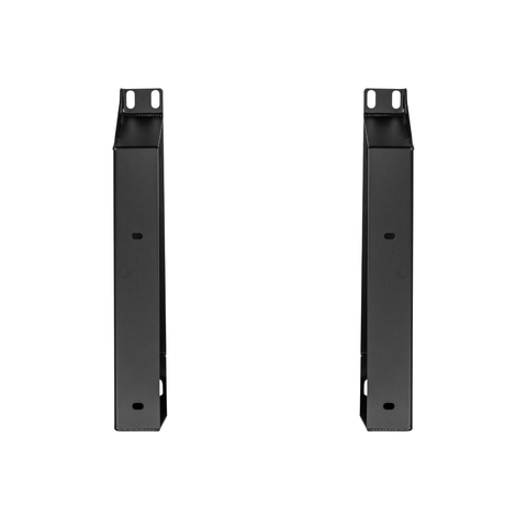 Two black metal mounting brackets shown upright on a plain white background.