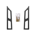 Two black metal mounting brackets with angled cutouts, shown side by side with a small clear plastic bag of gold-colored hardware in the center, on a plain white background.