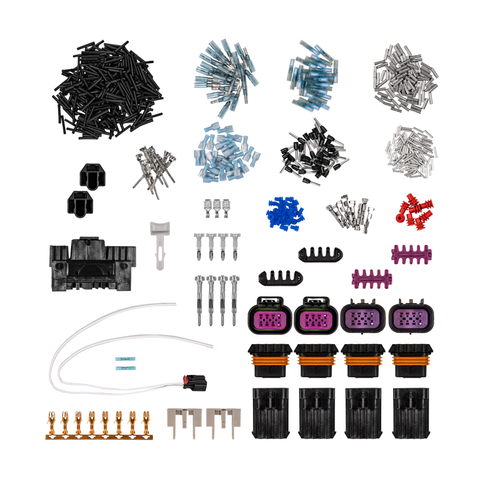 A comprehensive electrical connector kit laid out on a clean white background, containing various black, blue, silver, purple, orange, and red plastic connectors, screws, terminal blocks, and wire harnesses.