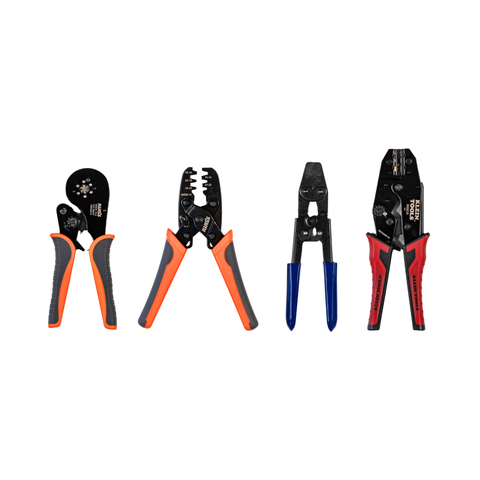 Four electrical crimping tools  arranged in a row on a plain white background, including crimping and stripping tools with black, orange, blue, and red handles.