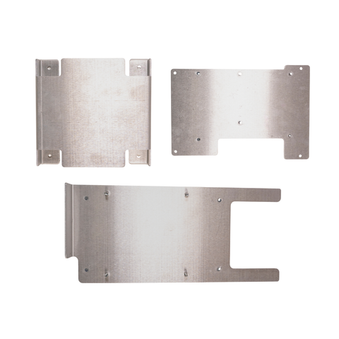 Three brushed metal mounting brackets or hardware plates shown on a plain white background.
