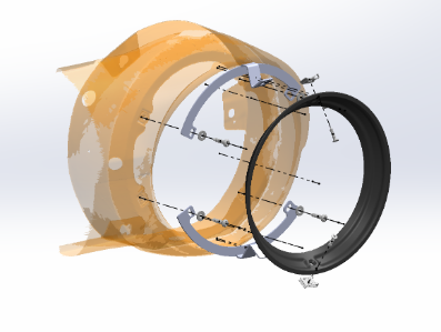 A technical cutaway rendering of a circular mechanical component, showing a translucent orange outer ring with internal gray and silver structural elements and a black circular ring in front, on a light gray background.