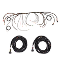 An automotive wiring harness kit with a long multi-wire harness laid out across the top and two coiled black cables with connectors below, shown on a plain white background.