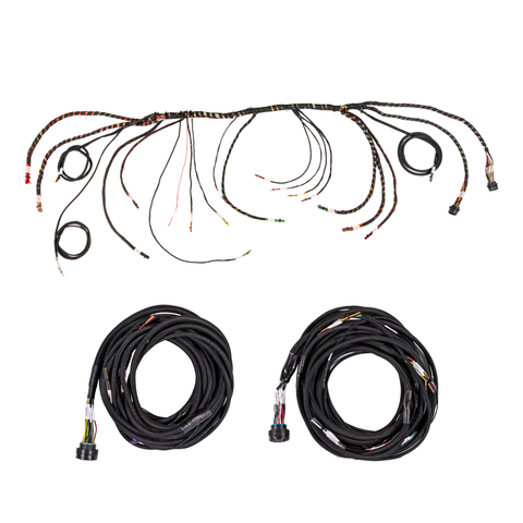 An automotive wiring harness kit with a long multi-wire harness laid out across the top and two coiled black cables with connectors below, shown on a plain white background.