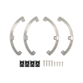 Four silver metal curved brackets with mounting holes, shown with four small black mounting clips and six silver screws on a plain white background.