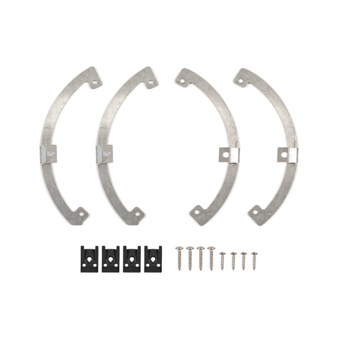 Four silver metal curved brackets with mounting holes, shown with four small black mounting clips and six silver screws on a plain white background.