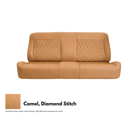 Camel-colored leather car seat cover with diamond stitch pattern on a white background