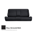 Black leather sofa with horizontal stitching on a white background