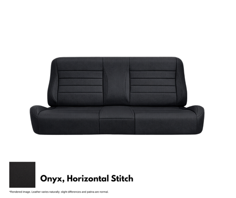 Black leather sofa with horizontal stitching on a white background
