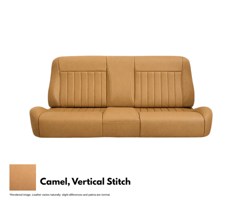 Camel-colored leather car seat with vertical stitching on a white background