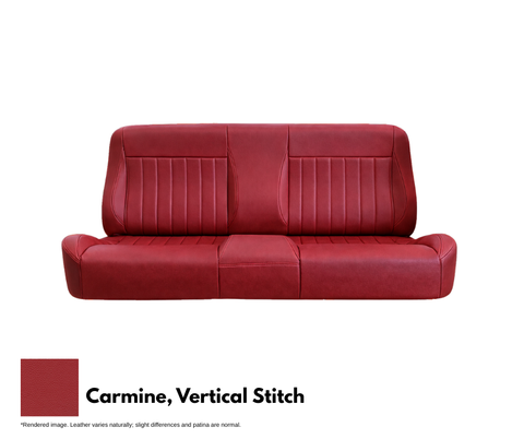 Red leather sofa with vertical stitching on a white background