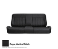 Black leather sofa with vertical stitching on a white background