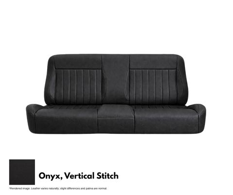 Black leather sofa with vertical stitching on a white background