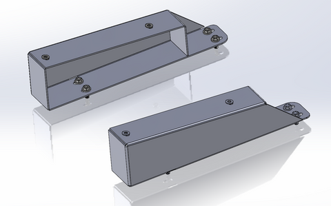 Two gray metal mounting brackets with pre-installed screws, shown from different angles on a light gray reflective background.