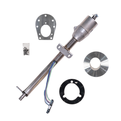 Mechanical components including a shaft, metal plates, and wiring on a white background