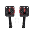 Two black metal and rubber door stopper hardware pieces with coiled spring supports and four small silver screws, shown on a plain white background with red circles highlighting the mounting tabs on each piece.