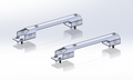 Two long rectangular metal mounting brackets with visible screws and small feet, shown on a clean light gray studio background.