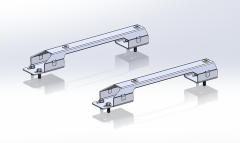 Two long rectangular metal mounting brackets with visible screws and small feet, shown on a clean light gray studio background.