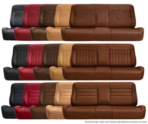Row of leather car seat covers in various colors on a white background