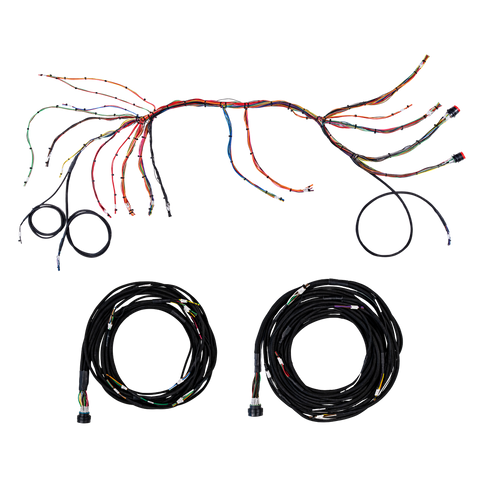 Complete 1967-1972 Ford Wire Harness Set displaying multiple automotive wiring harnesses with color-coded wires and professional connectors arranged on white background, showing the engineered solution for classic Ford truck electrical system upgrades.