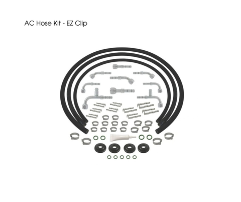 AC Hose Kit - EZ Clip components laid out on a white background, including black hoses, silver metal clips, brackets, washers, and O-rings.