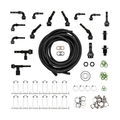 A complete truck climate control  kit laid out on a white background, including black coiled tubing, black elbow and tee fittings, silver metal connectors, green O-rings, and silver hose clamps.