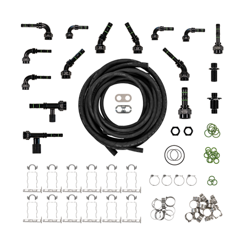 A complete truck climate control  kit laid out on a white background, including black coiled tubing, black elbow and tee fittings, silver metal connectors, green O-rings, and silver hose clamps.