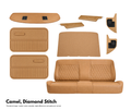 Camel-colored leather car interior set with diamond stitch pattern on a white background.