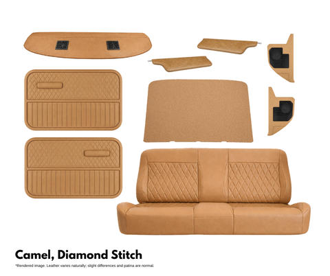 Camel-colored leather car interior set with diamond stitch pattern on a white background.