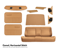 Camel-colored car interior leather parts with horizontal stitching on a white background