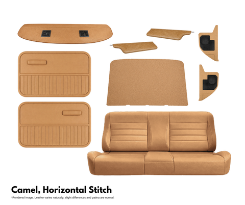 Camel-colored car interior leather parts with horizontal stitching on a white background