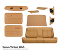 Camel-colored car interior leather parts with vertical stitching on a white background
