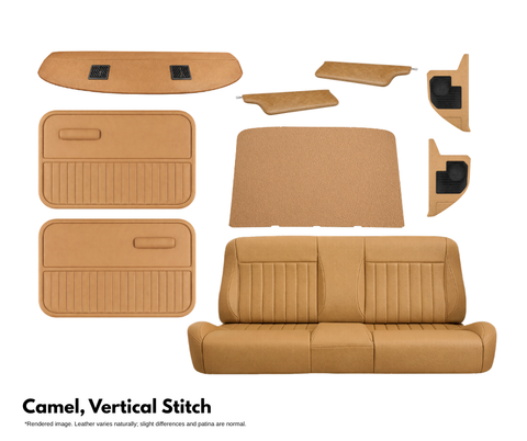 Camel-colored car interior leather parts with vertical stitching on a white background