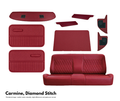 Red car interior accessories set with diamond stitch pattern on a white background