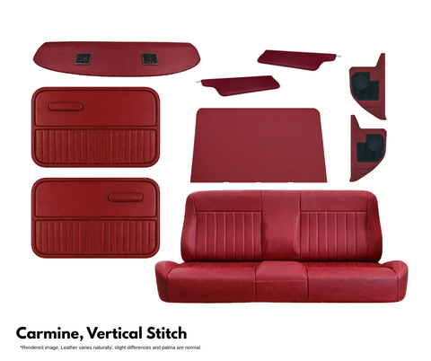 Red car interior components with 'Carmine, Vertical Stitch' text on a white background